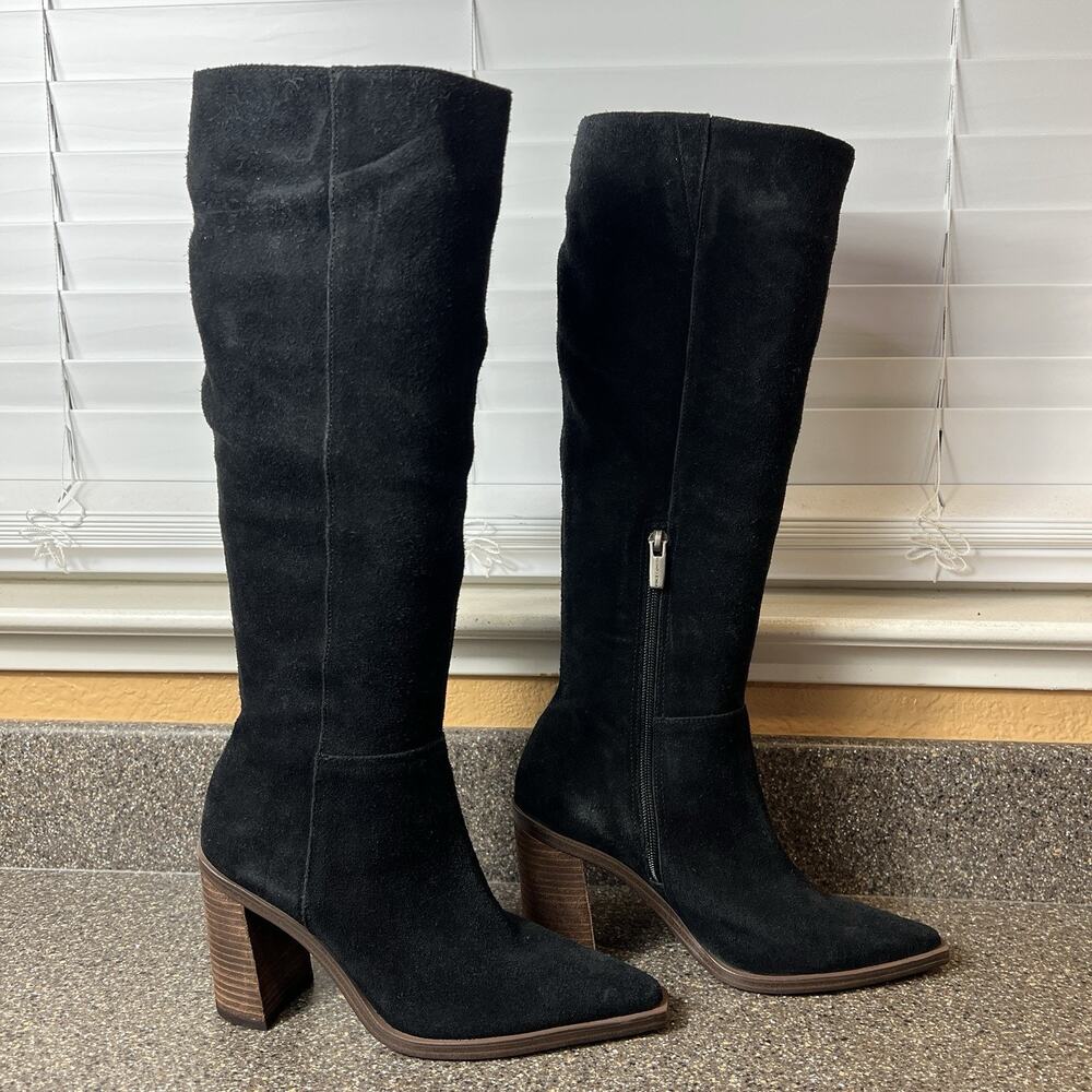Vince Camuto Knee High Boots Black Suede Womens Sz 6M Pointed Toe Block Heel Zip